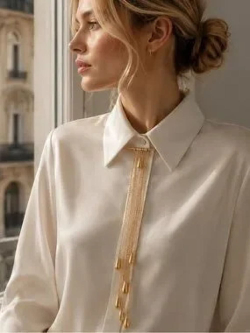 Gold Chain Brooch Pin with Teardrop Charms Elegant Collar Pin